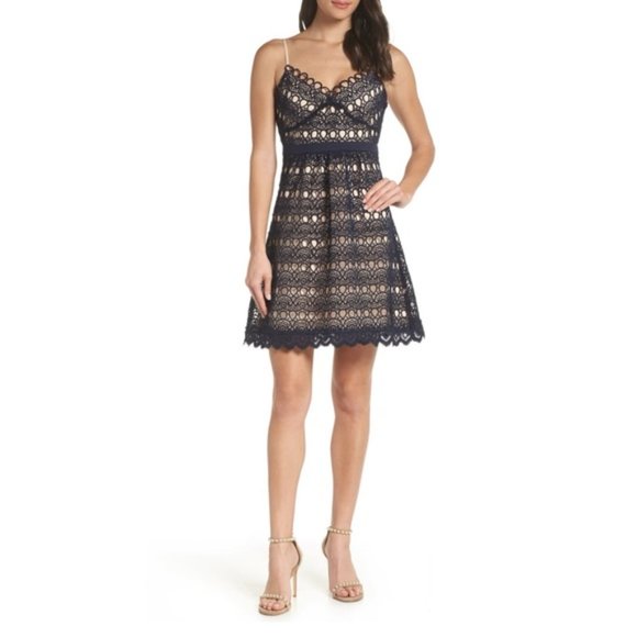 FOXIEDOX Dresses & Skirts - FOXIEDOX Hellia Navy Nude Lace A-Line Mini Dress XS